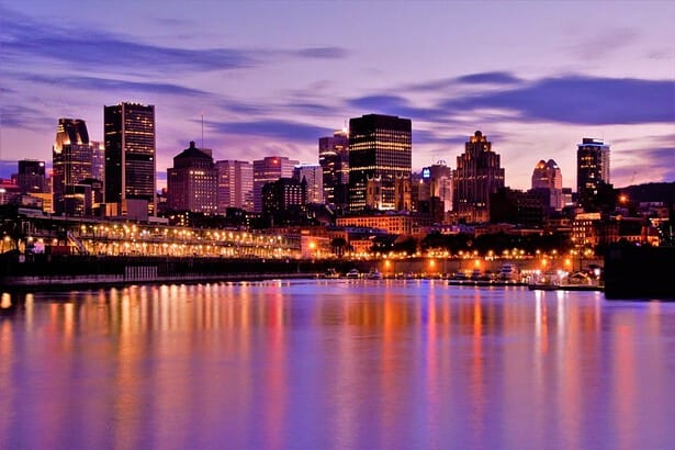 Montreal skyline and reflections at dusk.