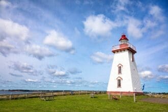 Souris Lighthouse in PEI against a blue sky