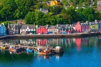 Aerial view of Tobermory harbor with colorful buildings, Scotland.