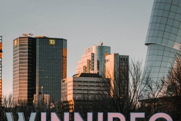 Winnipeg skyline with iconic signage at dusk.