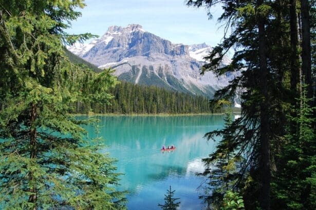 Scenic Ontario lake with canoers and mountain backdrop.