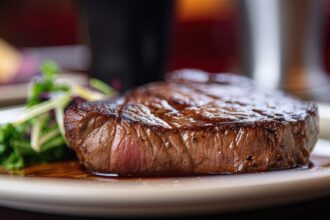 Close-up of a grilled steak on a plate in a restaurant