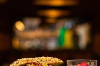 Gourmet sandwich and chia pudding at upscale restaurant.