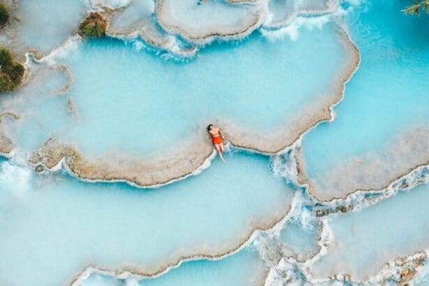 Aerial view of person enjoying Canadian geothermal hot springs.