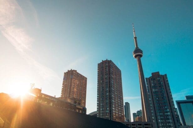 Sunset over Toronto skyline with CN Tower