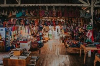 Vintage items on display at eclectic thrift shop interior.